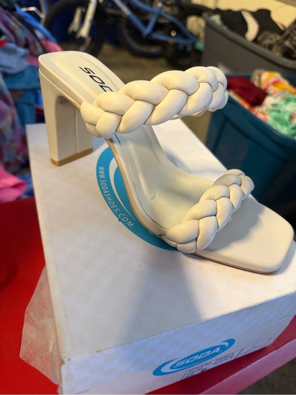 Soda White Braided Double-Strap Block Heel Sandals